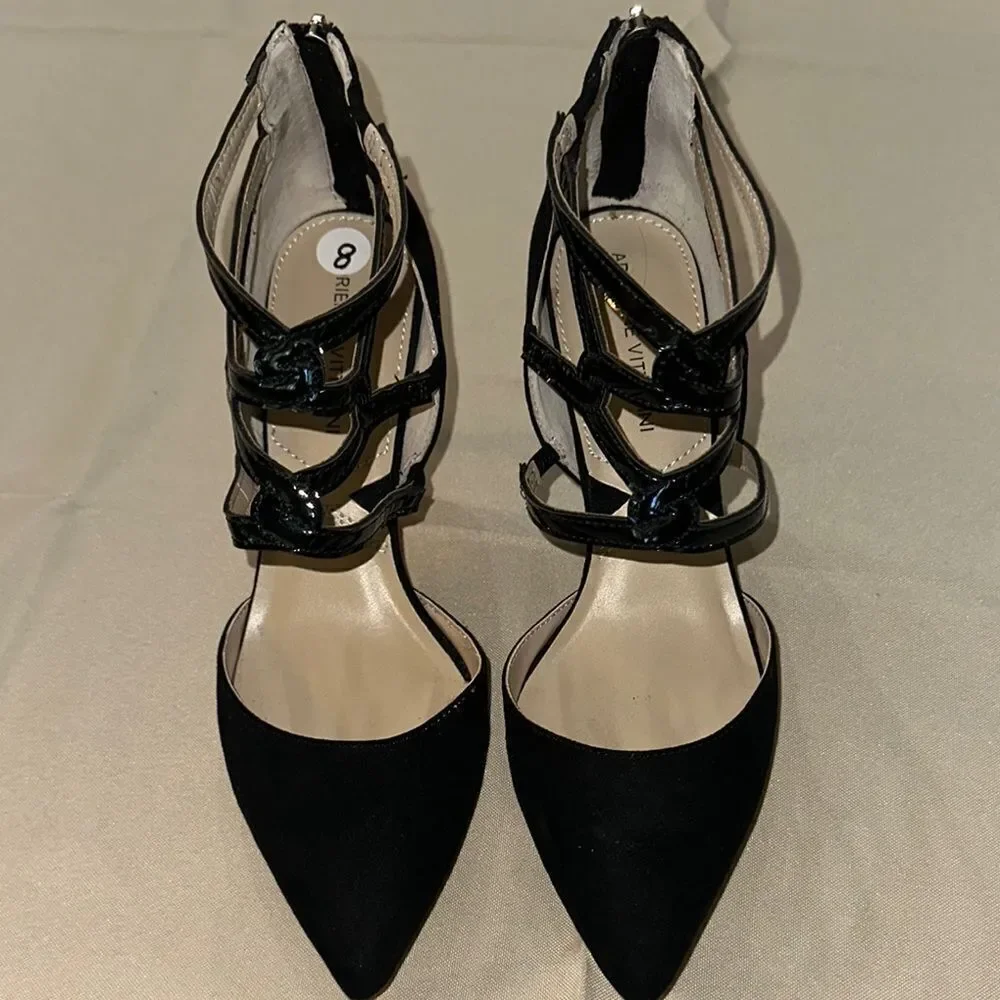 Adrienne Vitadini Black Strappy Heels with Pointed Toe Size 8